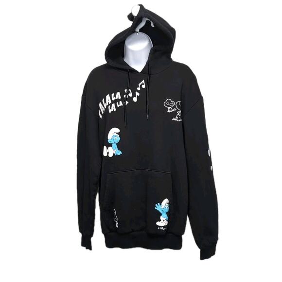 Smurfs Fleece Hoodie Womens M Black Pockets Mushroom Graphic Print Sweatshirt - Picture 2 of 16